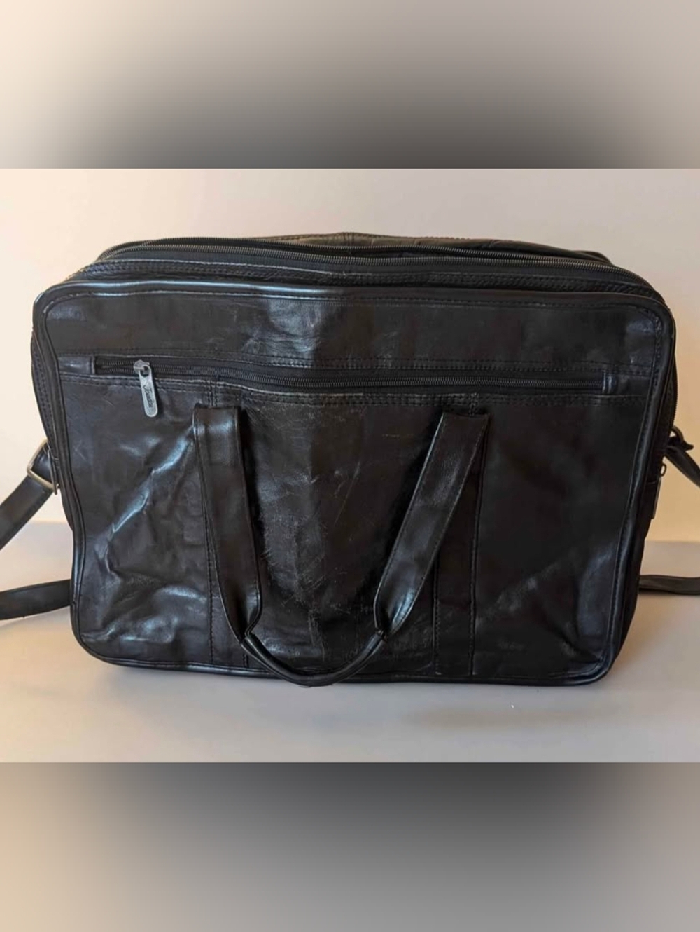 Vintage Jourdan Men's Black Leather Expandable Laptop Bag Briefcase Adj. Strap